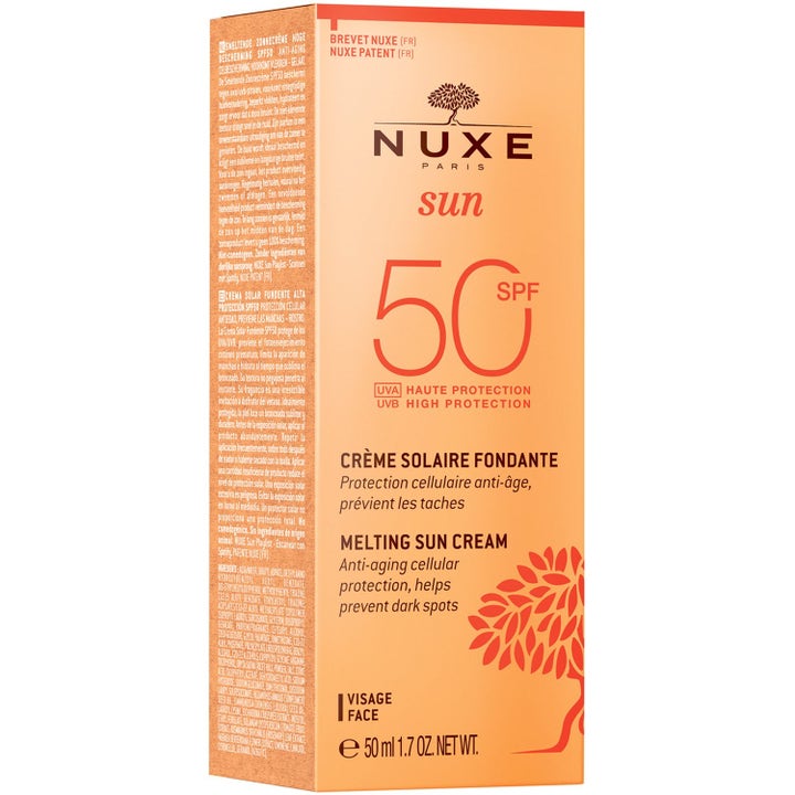 Nuxe Sun Melting Sun Cream 50 ml solkrem for ansikt i oransje eske gir SPF 50 og motvirker mørke flekker