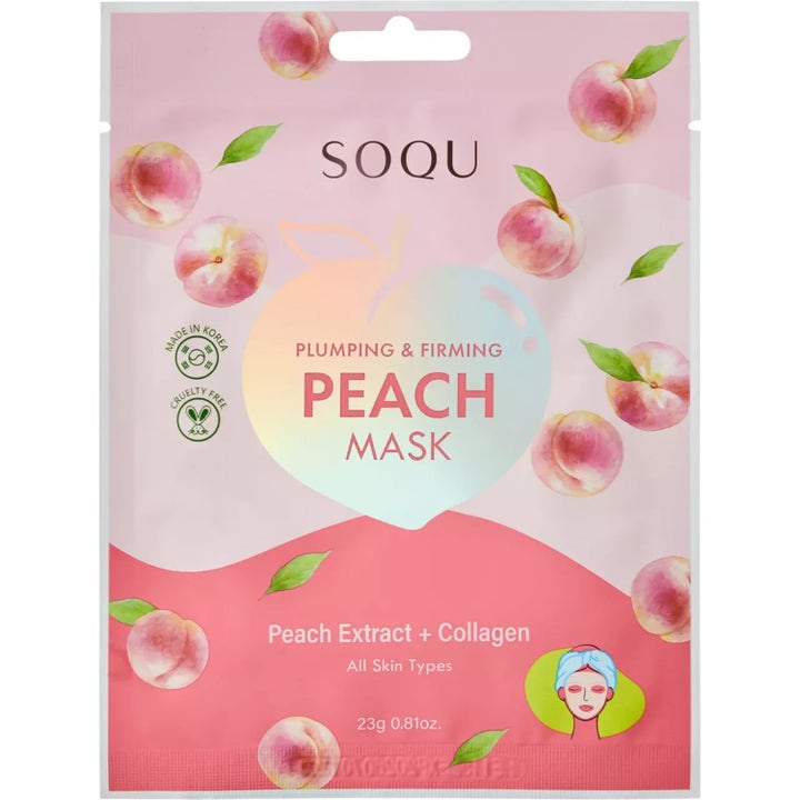 SOQU Plumping & Firming Peach Mask 23g ansiktsmaske som gir fasthet i rosa pose med ferskenmotiv og kollagen
