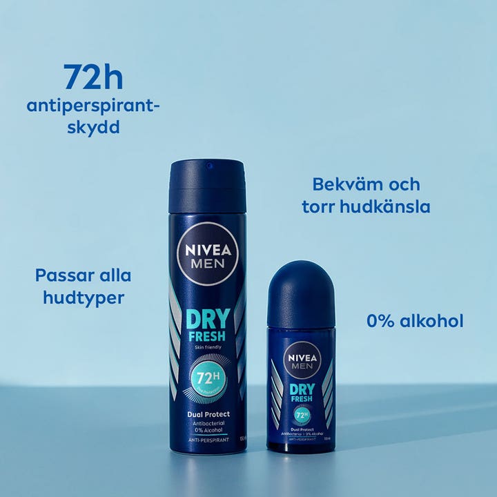 NIVEA MEN Dry Fresh deospray 150 ml og roll-on gir 72 timers beskyttelse for en tørr hudfølelse uten alkohol
