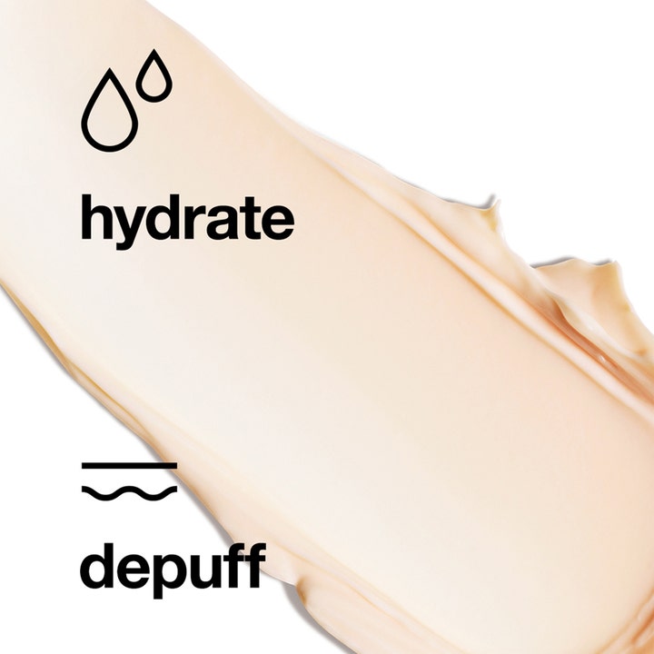 Clinique All About Eyes 15 ml øyekrem mot hovne øyne med ferskenfarget kremtekstur og teksten hydrate og depuff