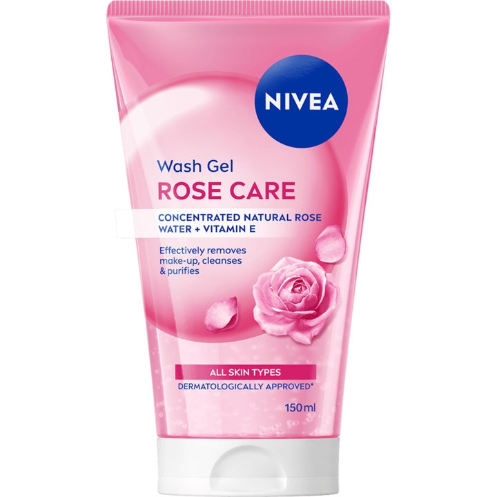 Nivea Rose Care Micellar Face Wash 150 ml rensende ansiktsvask i rosa tube med motiv av roseblader.