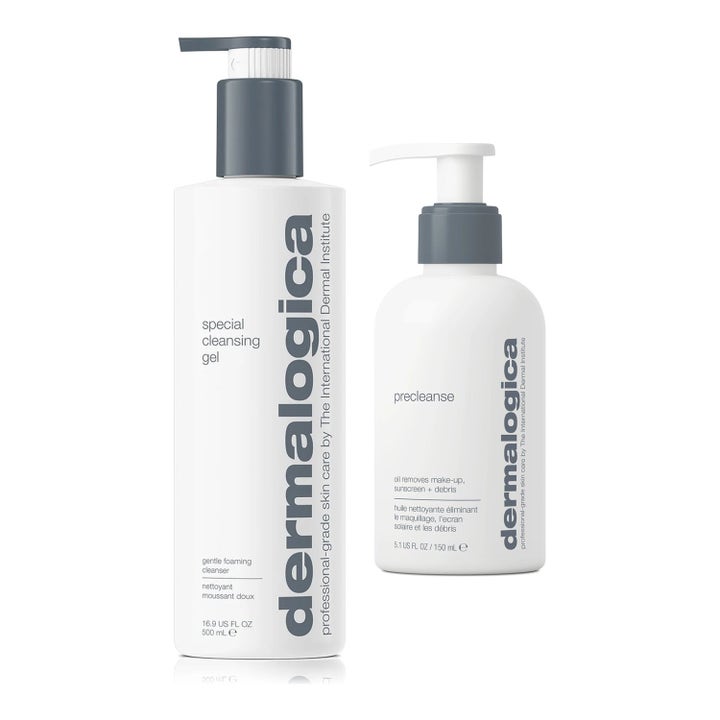 Dermalogica Special Cleansing Gel og Precleanse ansiktsrens i to hvite flasker med pumpe for dyprens av huden