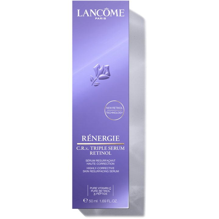 Lancôme Rénergie C.R.x Triple Serum Retinol 50 ml ansiktsserum i lilla eske med preget rose og sølvskrift.