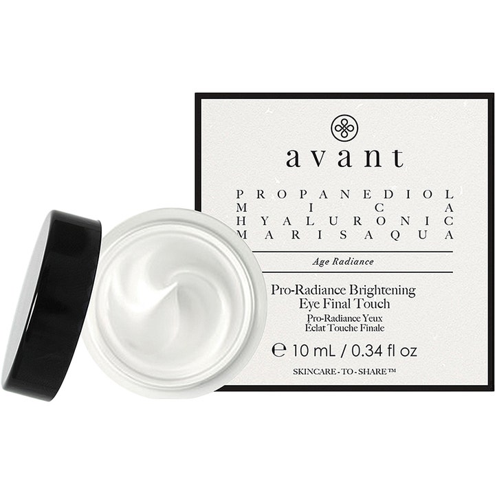 Avant Pro-Radiance Brightening Eye Final Touch 10 ml glødgivende øyekrem i hvit krukke med kremete tekstur og sort lokk