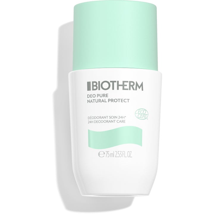 Biotherm Deo Pure Natural Protect 75ml roll-on deodorant som beskytter i 24 timer i hvit flaske med lysegrønn kork.