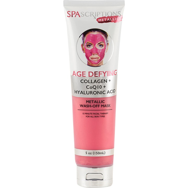 Spascriptions Age Defying Metallic Wash-Off Mask 150 ml gir glød i hvit og rosa plasttube med skinnende sølvfarget kork