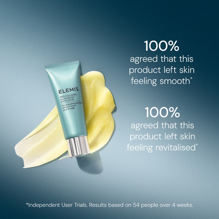 Elemis Pro-Collagen Glow Boost Exfoliator 100 ml ansiktsskrubb med gul balmtekstur som gir glatt og revitalisert hud