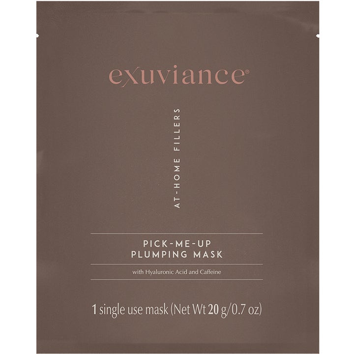 Exuviance Pick-Me-Up Plumping Mask 20 g gir fukt og fylde i en brun sachet med hyaluronsyre og koffein.
