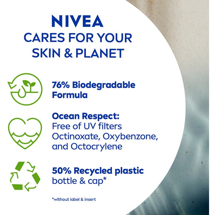NIVEA UV Face Triple Protect Fluid 40 ml solkrem viser info om havvennlig og 76% biologisk nedbrytbar formel