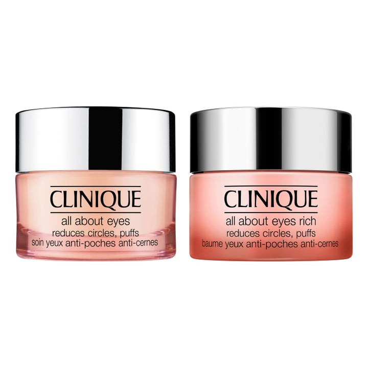 Clinique All About Eyes øyekrem mot mørke ringer i to ferskenfargede glasskrukker med glinsende sølvlokk