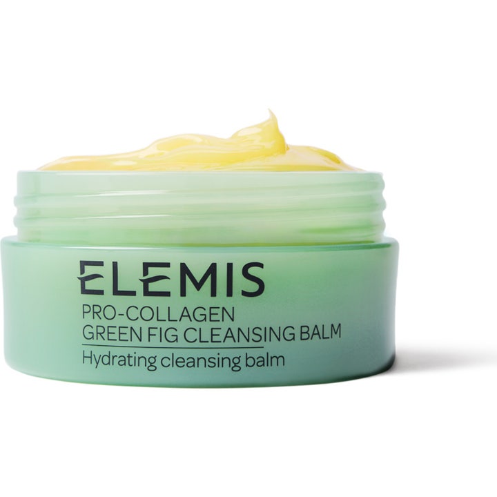 Elemis Pro-Collagen Green Fig Cleansing Balm hydrerende ansiktsrens i lysegrønn krukke med gul kremet tekstur