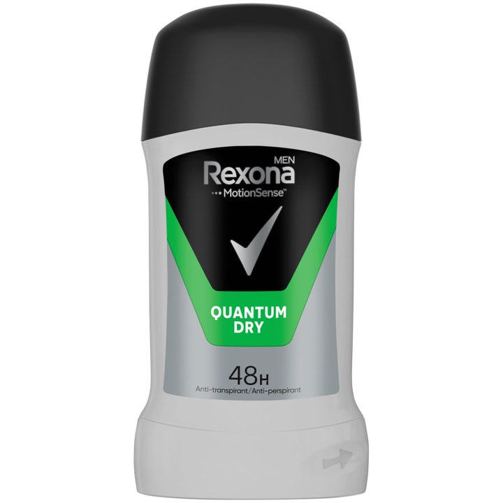 Rexona Men Quantum Dry antiperspirant stift gir 48 timers beskyttelse i grå beholder med grønn etikett og svart lokk.