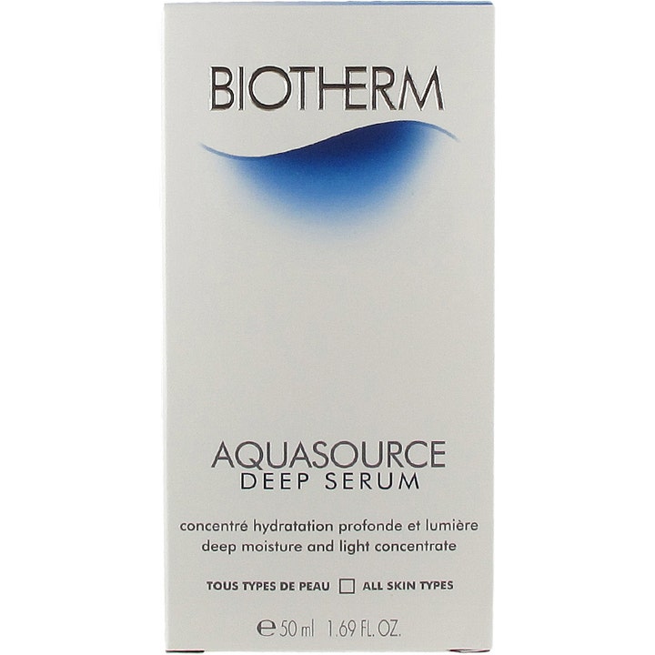 Biotherm Aquasource Deep Serum 50 ml fuktighetsgivende ansiktsserum i hvit eske med blå bølge og sølvdetaljer