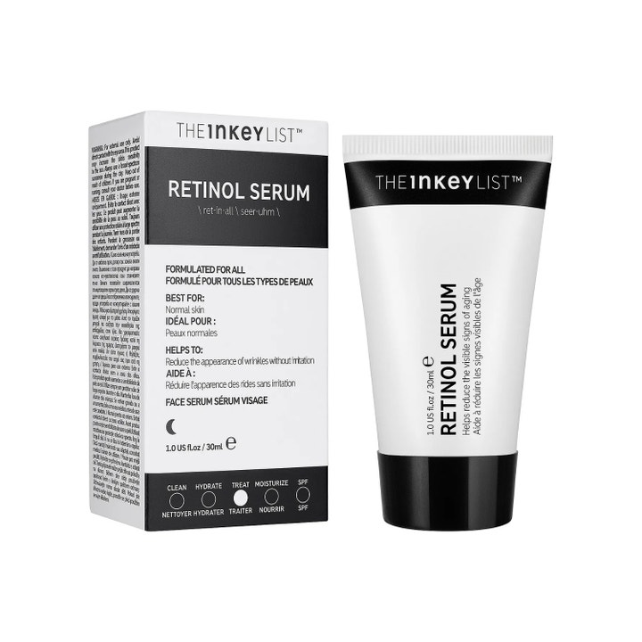 The INKEY List Retinol Serum 30 ml ansiktsserum mot rynker i hvit tube med sort kork og tilhørende eske.