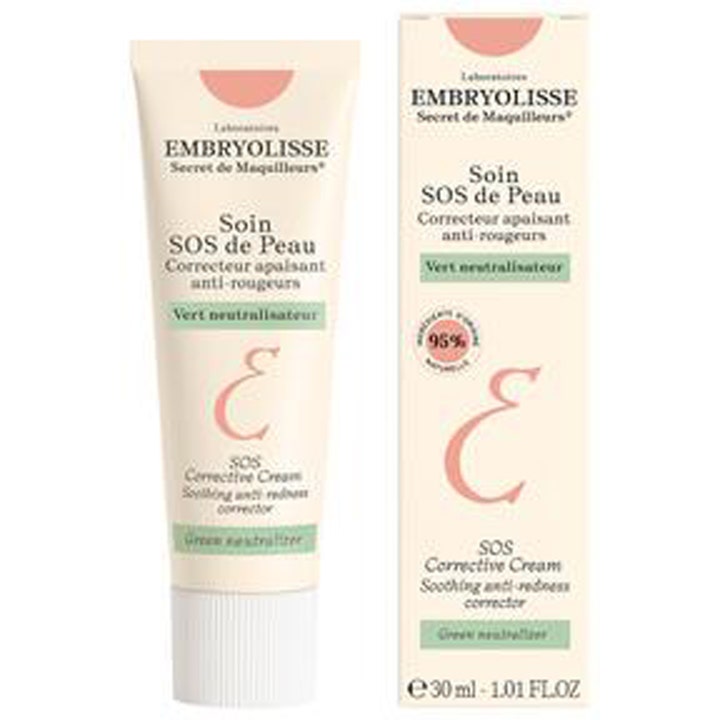 Embryolisse SOS Corrective Cream 30 ml beroligende krem mot rødhet i beige tube og eske med grønne detaljer