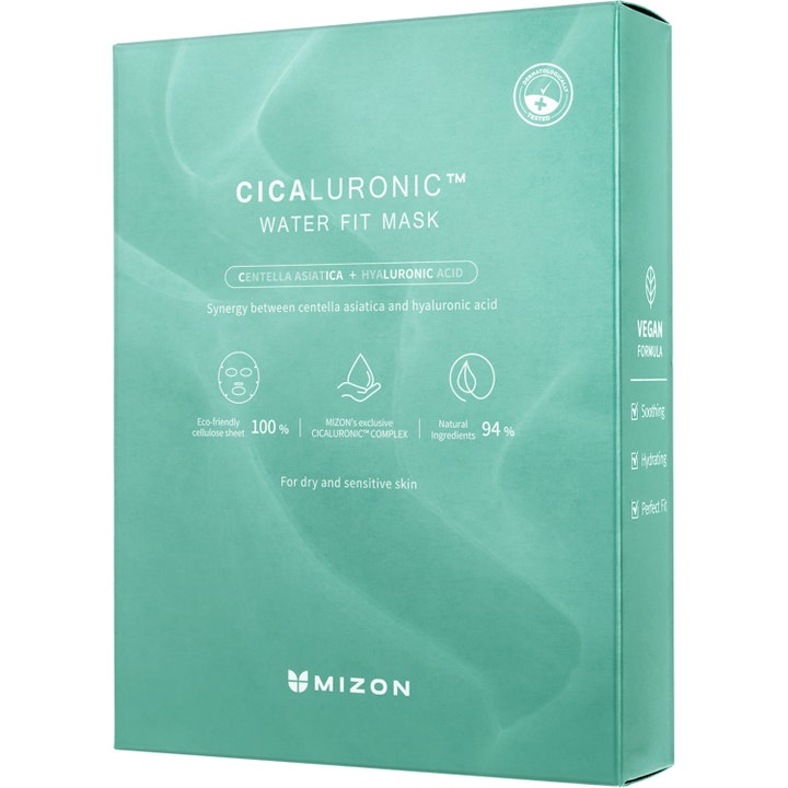 Mizon Cicaluronic Water Fit Mask 24 g beroligende ansiktsmaske i mintgrønn eske med centella og vegansk formel