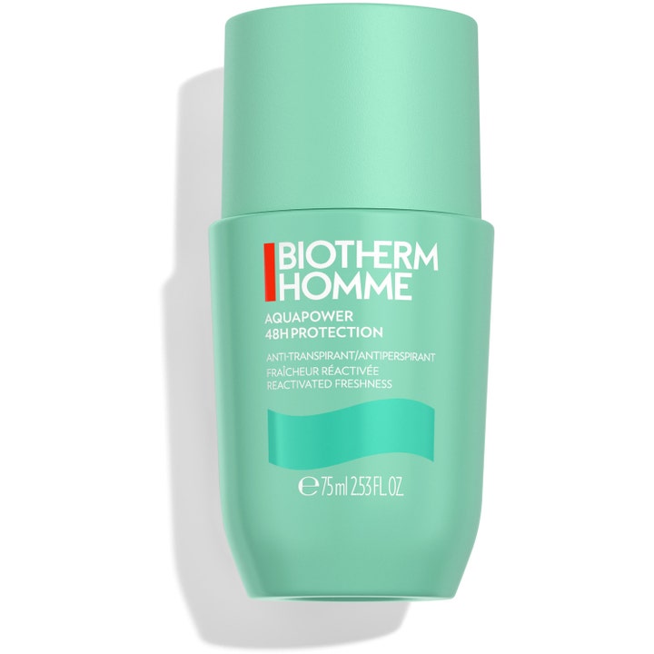 Biotherm Homme Aquapower 75 ml antiperspirant gir 48H protection i en matt turkis flaske med stor kork.