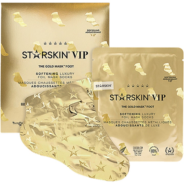 Starskin VIP The Gold Mask Foot 1 par mykgjørende fotmaske i gullfarget folie med stjernemønster og gullemballasje