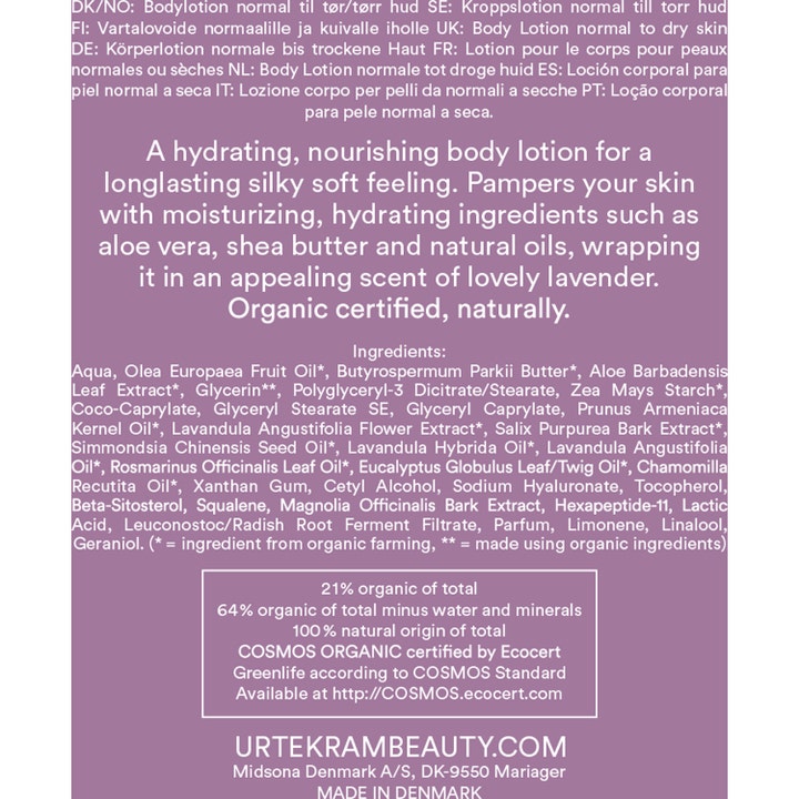 Urtekram Body Lotion Soothing Lavender 245 ml pleiende kroppskrem lilla bakside med hvit tekst og ingrediensliste