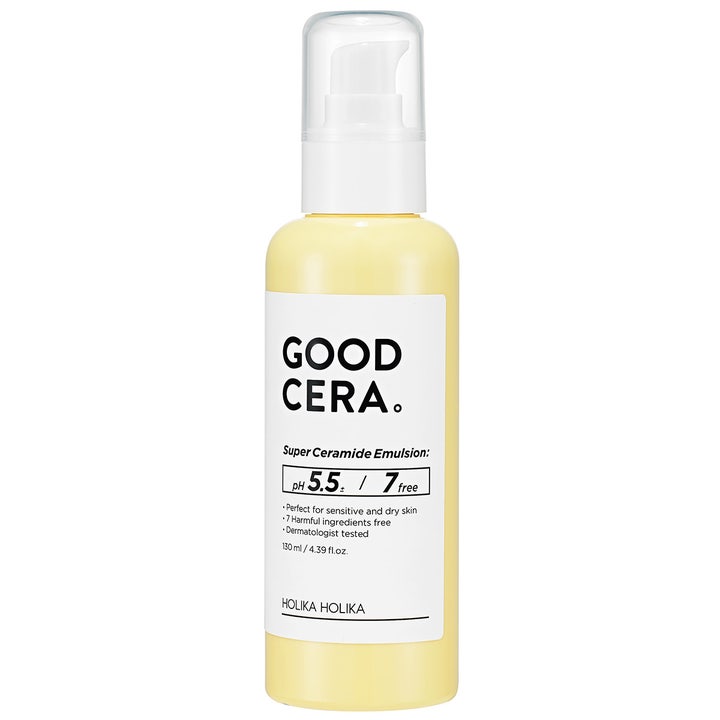 Holika Holika Good Cera Super Ceramide Emulsion 130 ml fuktighetsgivende ansiktsemulsjon i lysegul flaske med pumpe