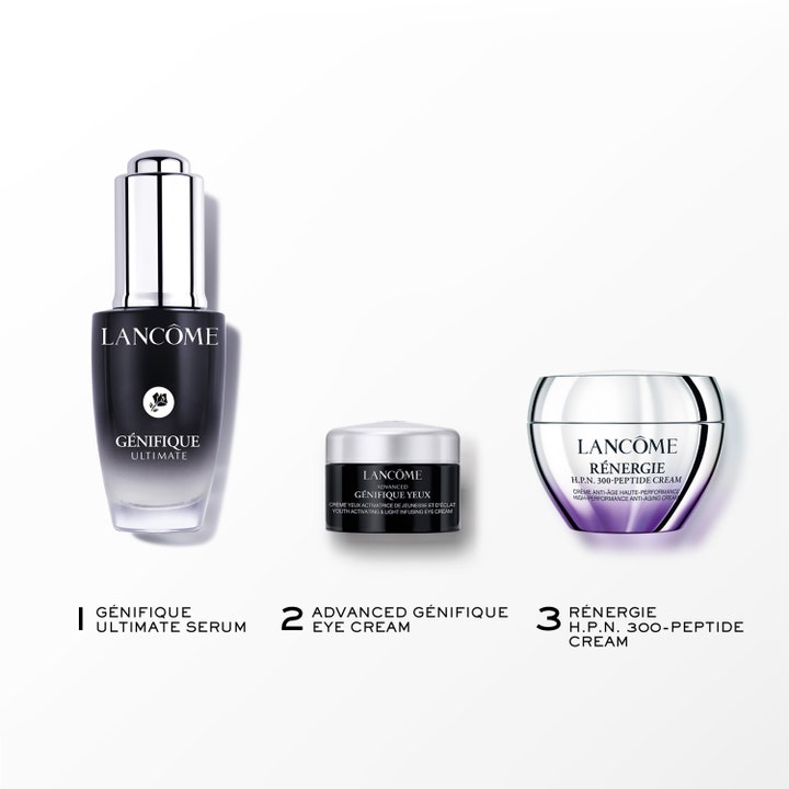 Lancôme Génifique Starter Kit 2025 1 stk hudpleiesett med serum og kremer i sorte, sølv og lilla glassbeholdere.