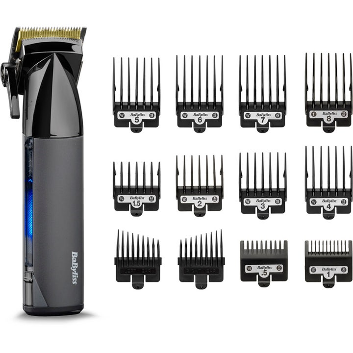 BaByliss Super X Metal Hair Clipper 1 stk hårklipper i mørk metallic med blått lys og tolv avstandskammer.