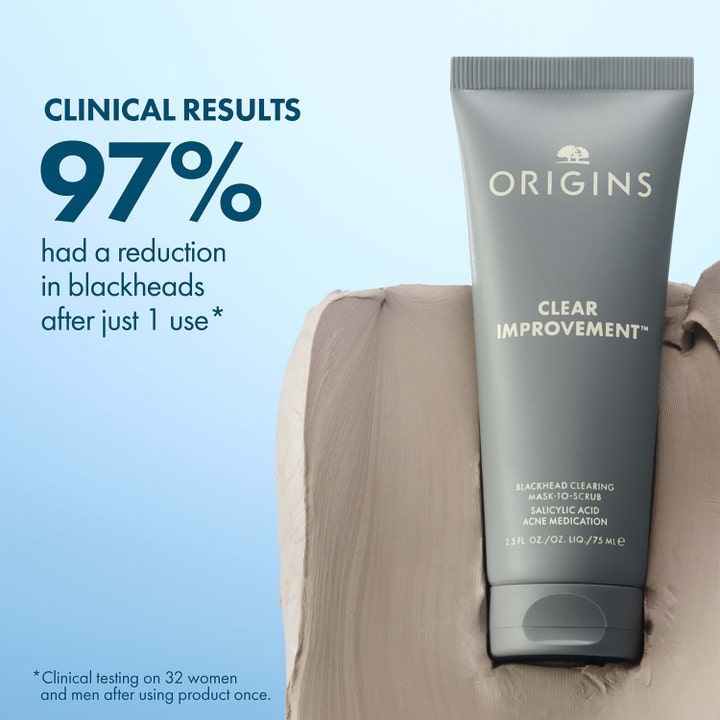 Origins Clear Improvement 75 ml ansiktsmaske mot hudormer i grå tube med tykk leiretekstur og 97 prosent klinisk resultat.