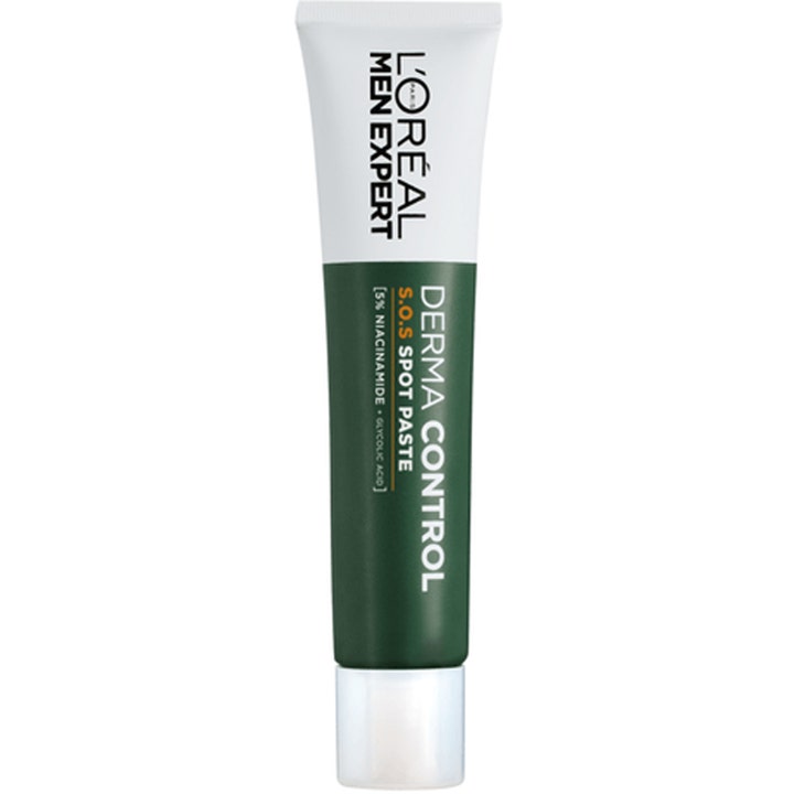 L'Oréal Men Expert Derma Control S.O.S Spot Paste 15 ml mot kviser med niacinamid i hvit og mørkegrønn tube