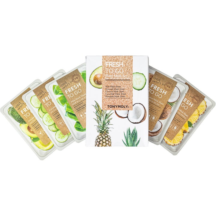 Tonymoly Fresh To Go Sheet Mask Set 5 stk fuktgivende ansiktsmasker med frukt og grønnsaker i hvit eske