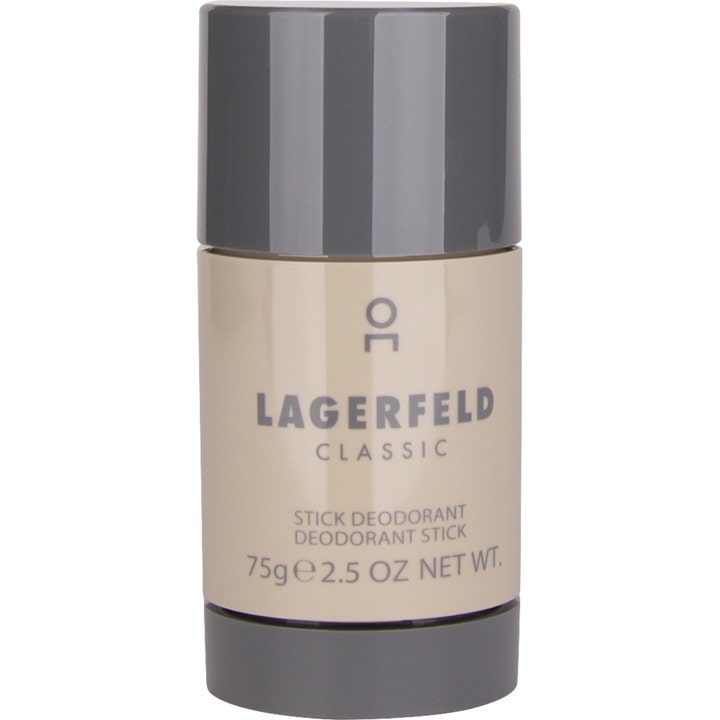 Lagerfeld Classic 75g stick deodorant for friskhet i beige plastbeholder med mørkegrått lokk og detaljer.
