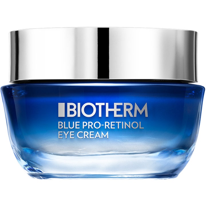 Biotherm Blue Pro-Retinol Eye Cream 15ml utglattende øyekrem i mørkeblå glasskrukke med sølvlokk.
