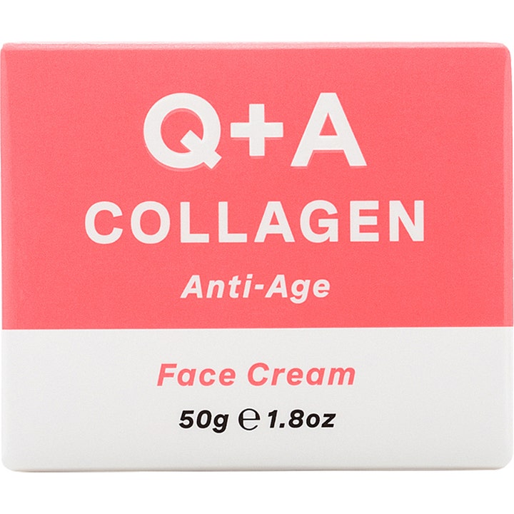 Q+A Collagen Face Cream 50 g anti-age ansiktskrem i korallfarget og hvit ytteremballasje som gir glød.