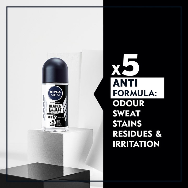 Nivea Men Invisible Black & White 50 ml roll-on herredeodorant med x5 anti formula mot lukt og flekker.