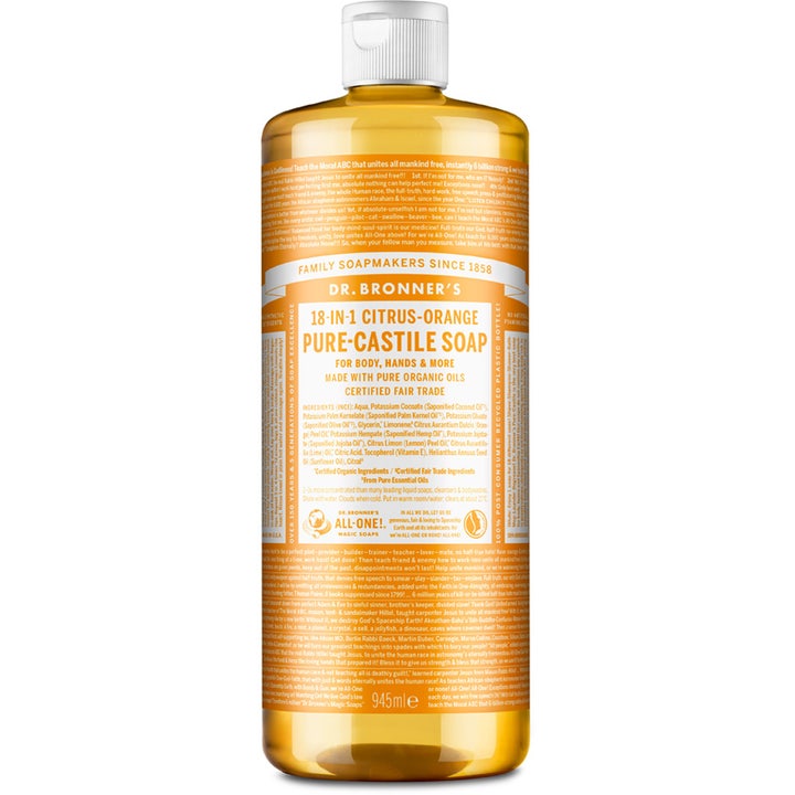 Dr. Bronner's 18-in-1 Citrus-Orange 945ml forfriskende flytende såpe i klar flaske med oransje etikett og hvit kork