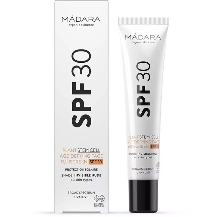 MÁDARA Plant Stem Cell Age-defying Face Sunscreen 40 ml solkrem i hvit tube og eske med stor SPF 30 og sort kork