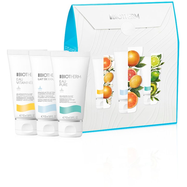 Biotherm Gavesett 3x50 ml forfriskende kroppspleie i hvite tuber foran en hvit gaveeske med fargerik sitrusdekor