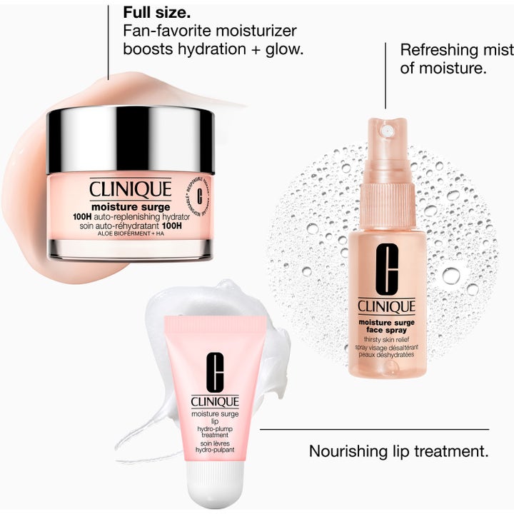 Clinique Moisture Surge Megastars fuktighetsgivende hudpleiesett med ansiktskrem, ansiktsspray og leppepleie.