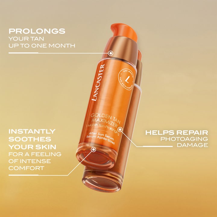 Lancaster Golden Tan Maximizer Face Serum 30 ml beroliger huden i en oransje pumpeflaske som forlenger brunfargen.