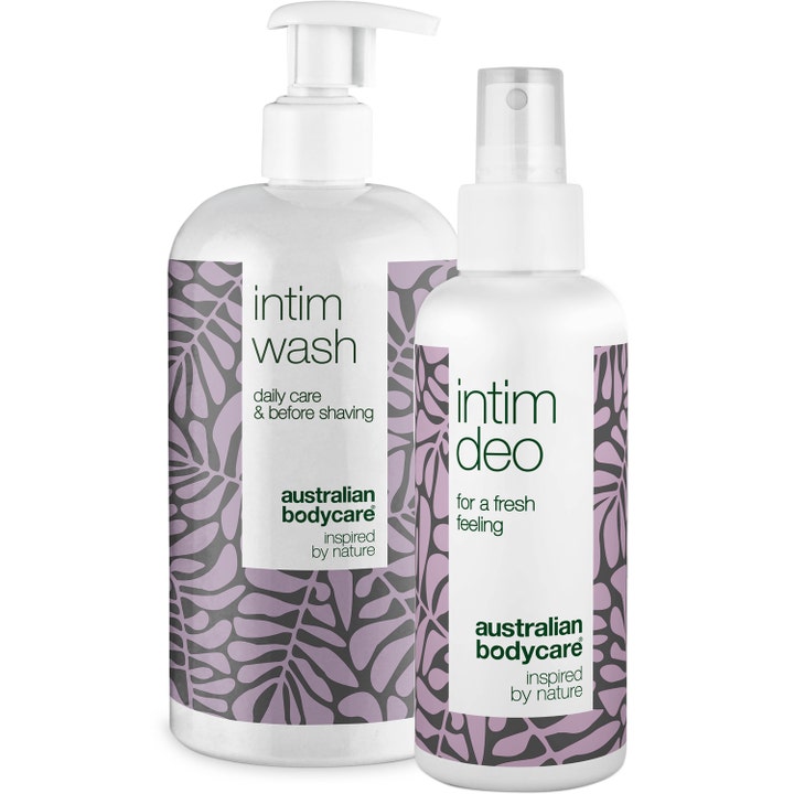 Australian Bodycare Intim Wash og Intim Deo for pleie i hvite flasker med lilla bladmønster pumpe og spray
