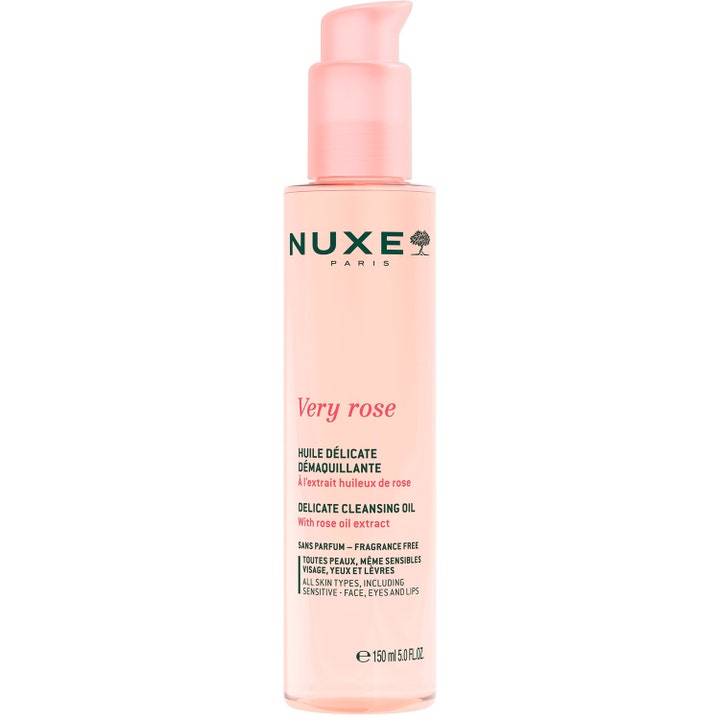 Nuxe Very Rose Delicate Cleansing Oil 150 ml skånsom renseolje med roseoljeekstrakt i en slank rosa pumpeflaske