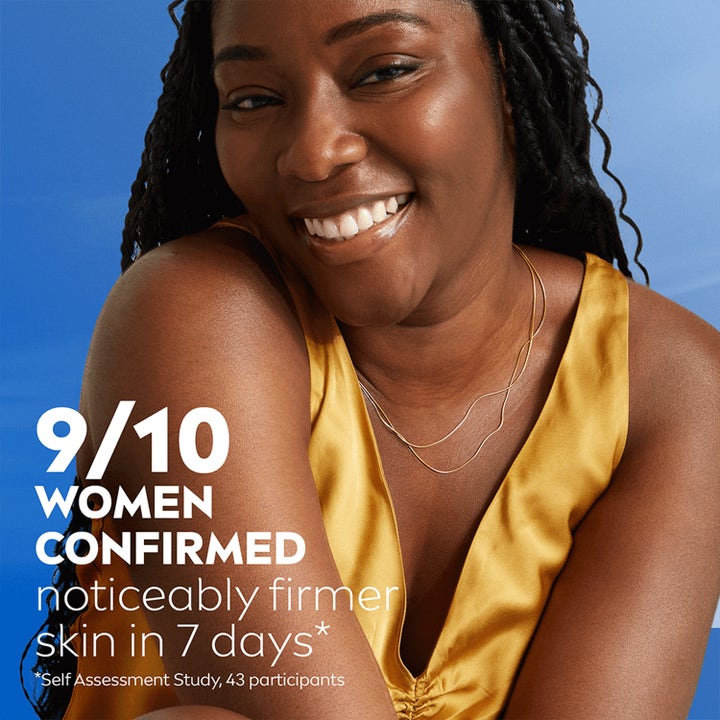 NIVEA Body Lotion Q10 Vitamin C Firming 250 ml oppstrammende krem viser en smilende kvinne og tekst om fastere hud på 7 dager.