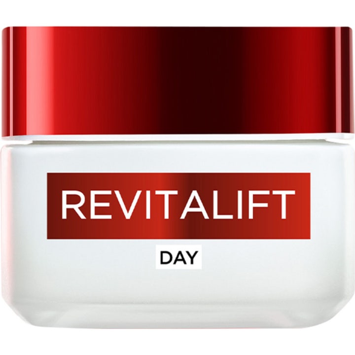 L'Oréal Paris Revitalift Day 50 ml oppstrammende dagkrem i hvit krukke med et skinnende rødt lokk