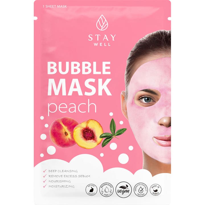 Stay Well Bubble Mask Peach 1 stk dyprensende ansiktsmaske i rosa pose med fersken og kvinne med skummende maske