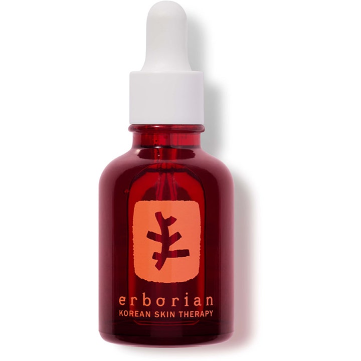 Erborian Red Pepper Super Serum 30 ml som gir glød i rød glassflaske med hvit pipette.