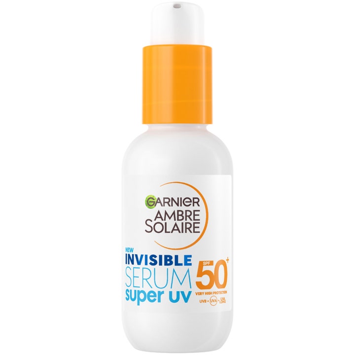 Garnier Ambre Solaire Invisible Serum Super UV SPF 50 solserum i hvit flaske med oransje pumpe som gir usynlig beskyttelse