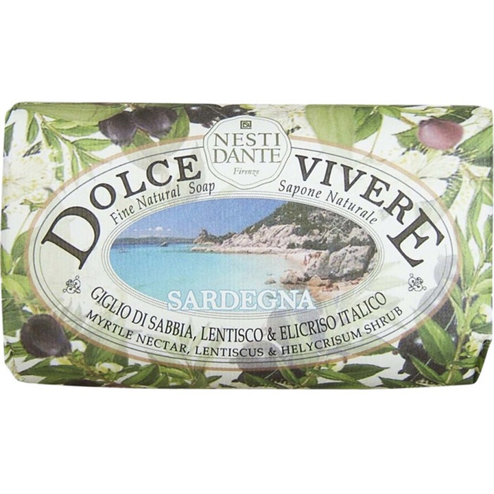 Nesti Dante Dolce Vivere Sardegna 250g fast natursåpe som renser mildt i papiremballasje med vakkert kystmotiv.
