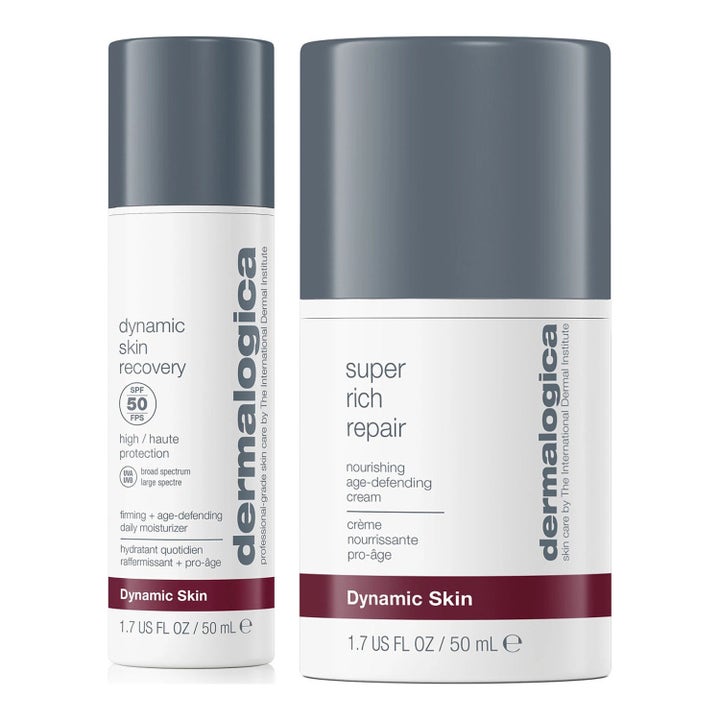 Dermalogica AGE Smart Super Rich Repair og Dynamic Skin Recovery 50 ml i hvite flasker med sølvfargede korker.