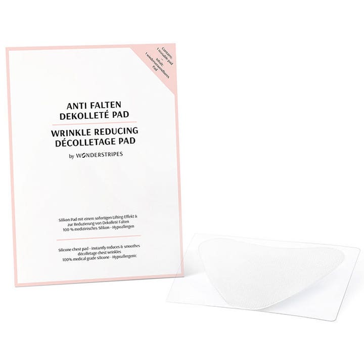 Wonderstripes Wrinkle Reducing Décolletage Pad 1 stk rynkereduserende pleie hvit pakke og hjerteformet silikonpad