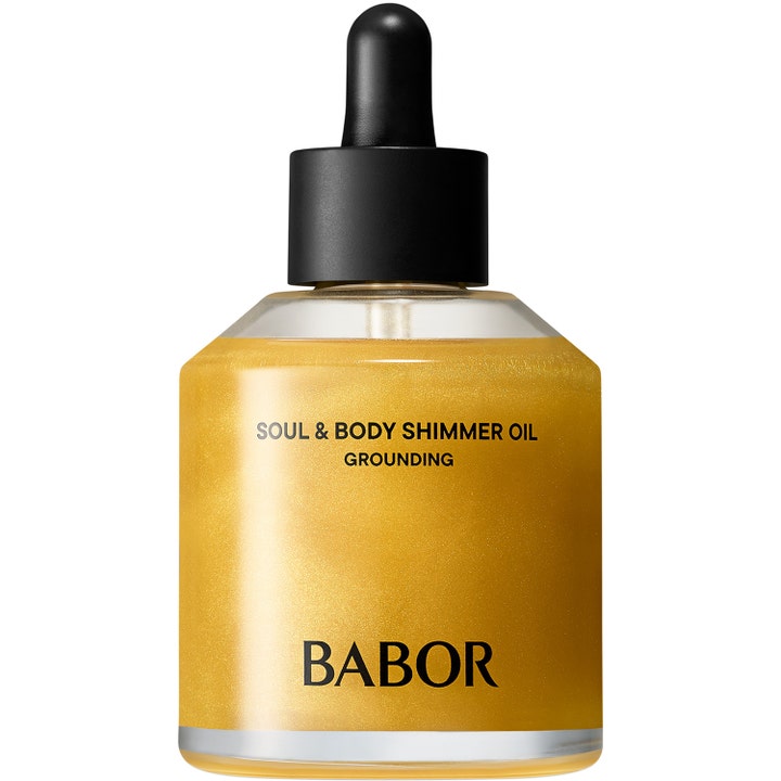 Babor Soul & Body Shimmer Oil Grounding 100ml kroppsolje gir huden glød i en glassflaske med sort pipette og gyllen olje