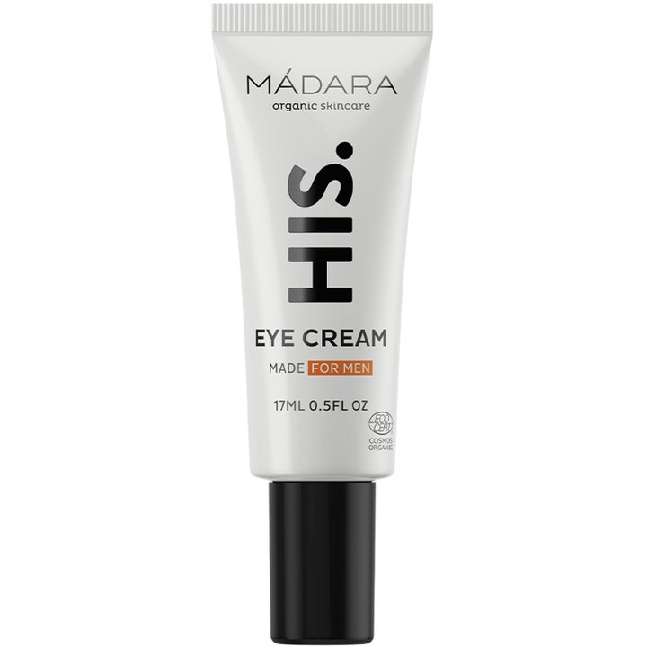 Mádara HIS. Eye Cream 17ml fuktighetsgivende øyekrem for menn i hvit tube med svart skrift og kork
